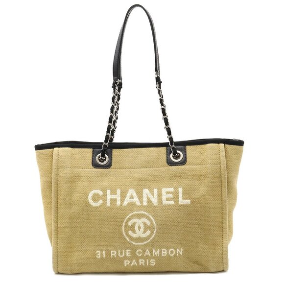 Authentic CHANEL CC Canvas Deauville MM Tote Beige Black Chain